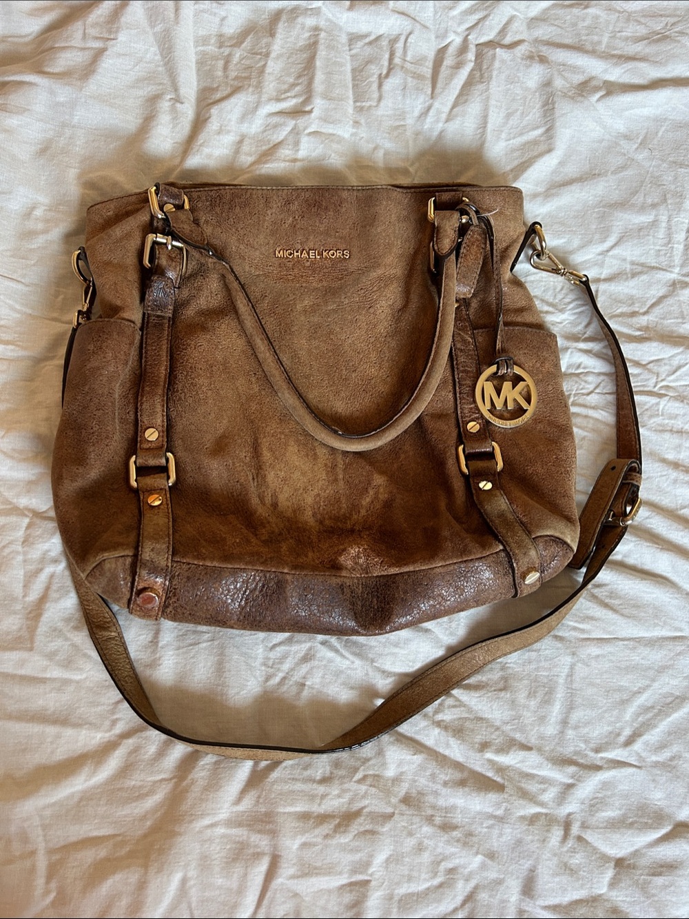 Michael Kors Brown Suede Shoulder Tote with Gold MK Charm